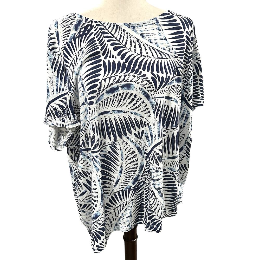 Tahari 100% Cotton Short Sleeve Blues and White Pattern Blouse Plus Size 3X EUC